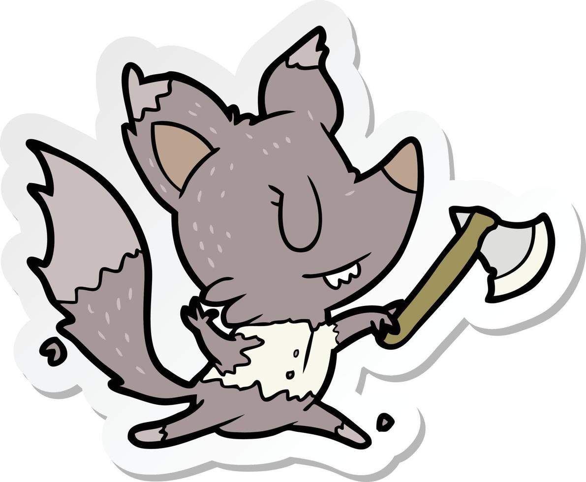 sticker of a cartoon werewolf with axe vector