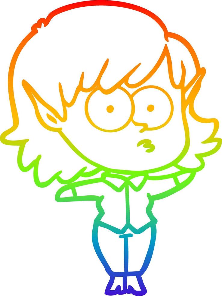 rainbow gradient line drawing cartoon elf girl staring vector