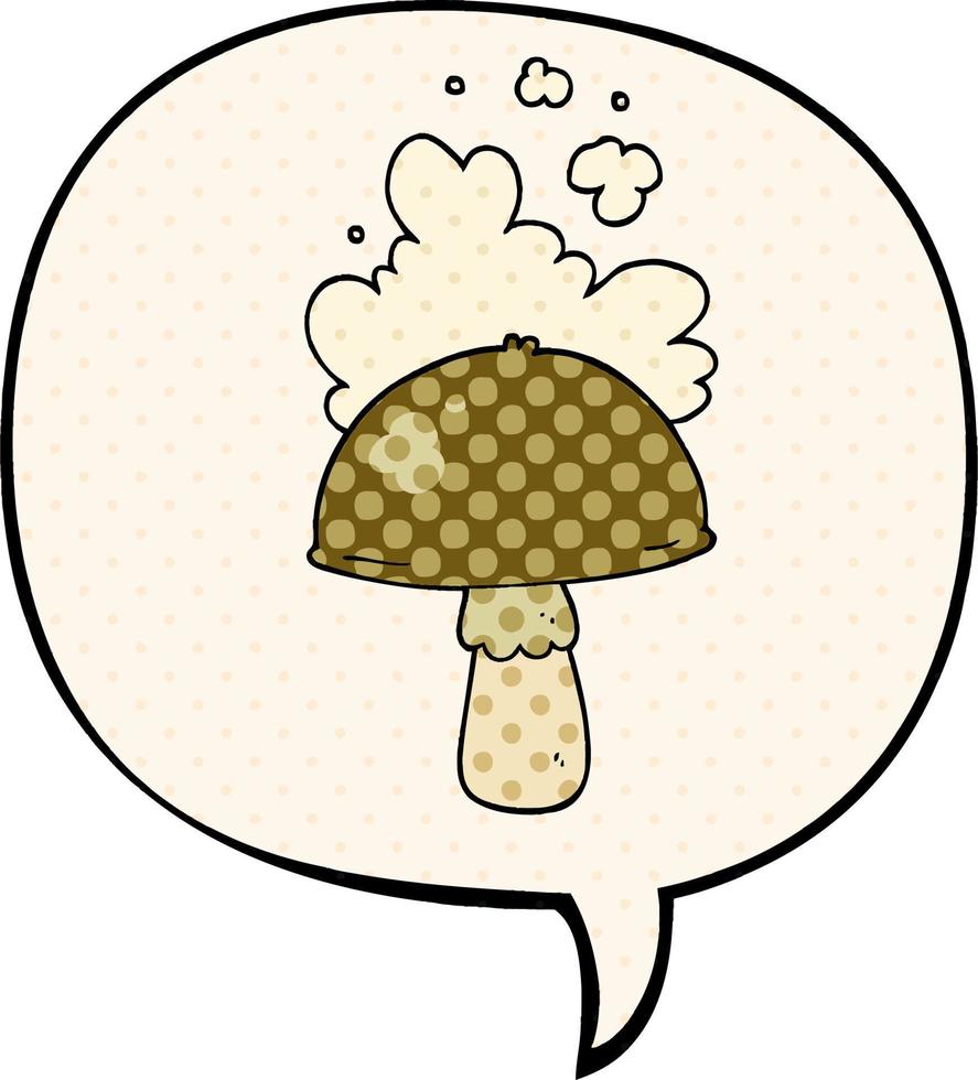 cartoon mushroom and spore cloud and speech bubble in comic book style vector