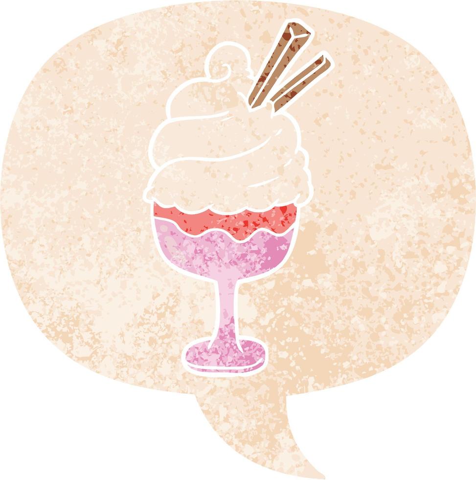 cartoon ice cream and speech bubble in retro textured style vector
