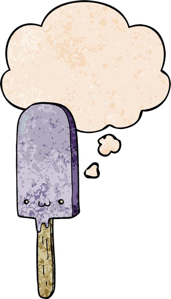 cartoon ice lolly and thought bubble in grunge texture pattern style vector