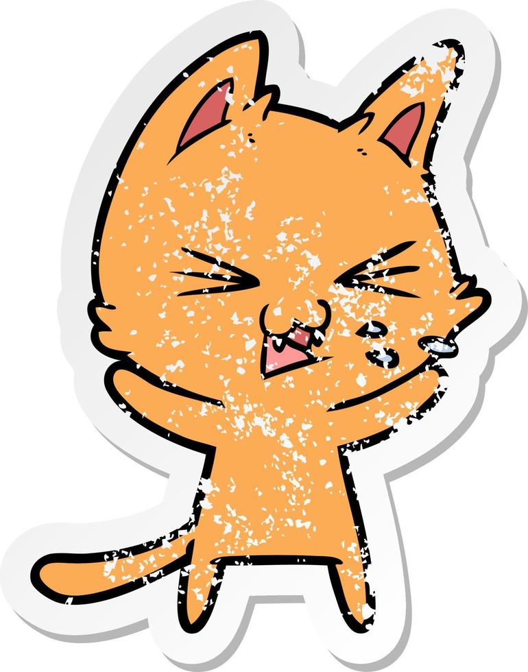 distressed sticker of a cartoon cat hissing vector