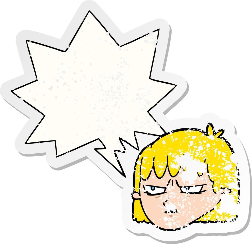 cartoon angry woman and speech bubble distressed sticker vector