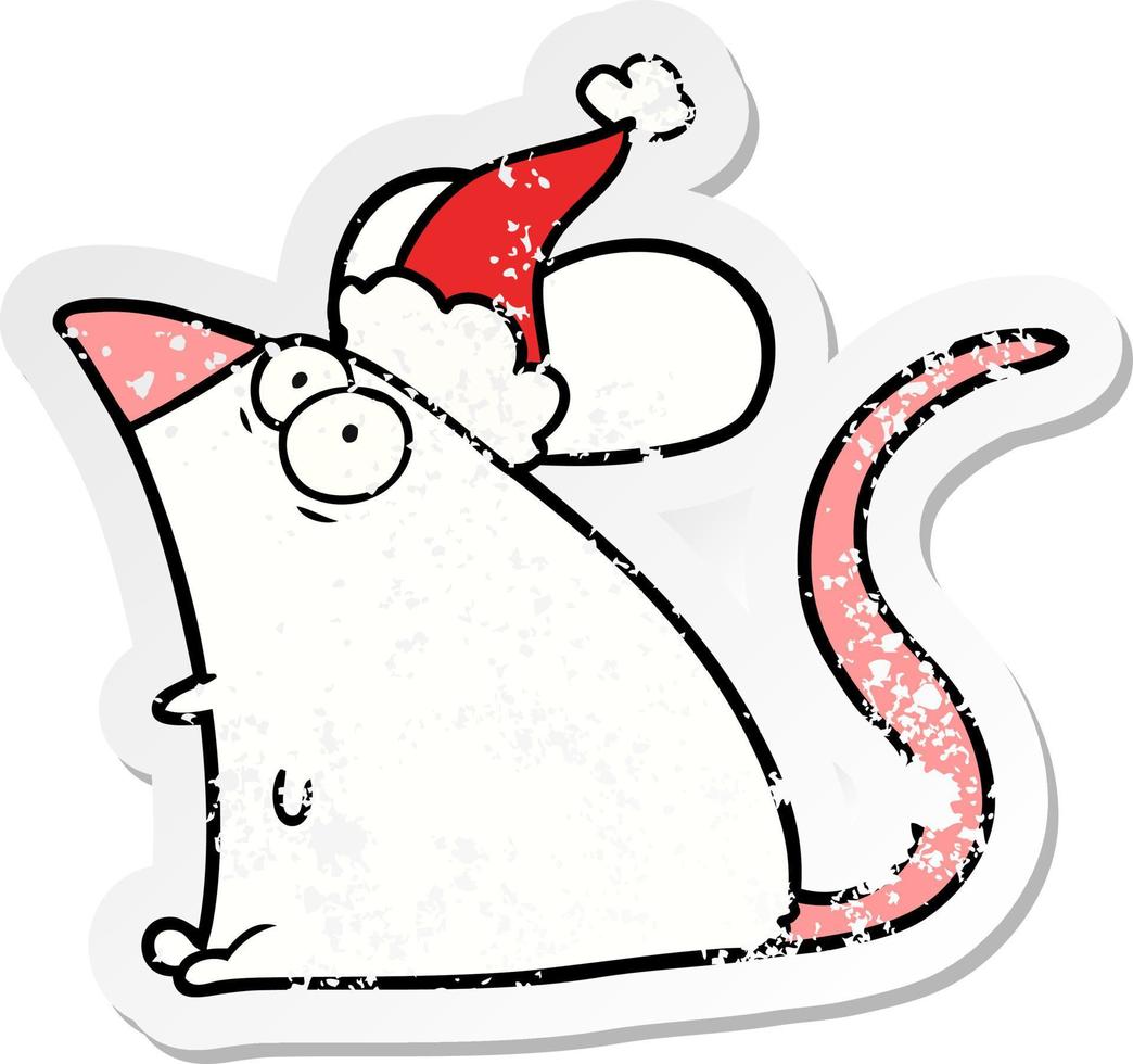 distressed sticker cartoon of a frightened mouse wearing santa hat vector