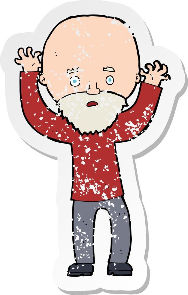 retro distressed sticker of a cartoon bearded man panicking vector