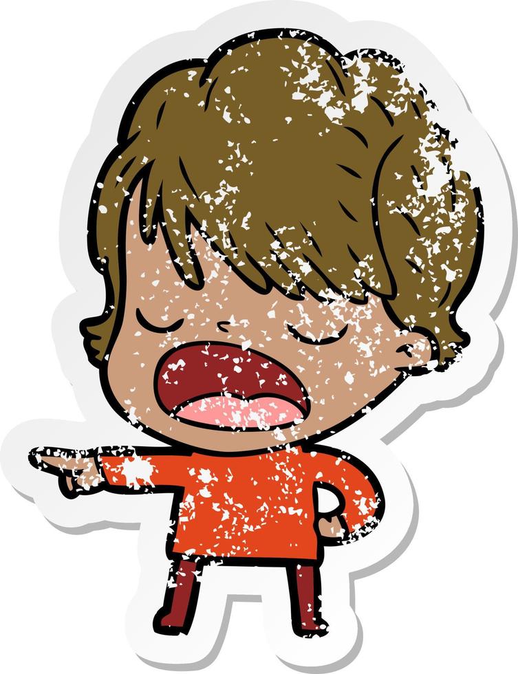 distressed sticker of a cartoon woman talking vector