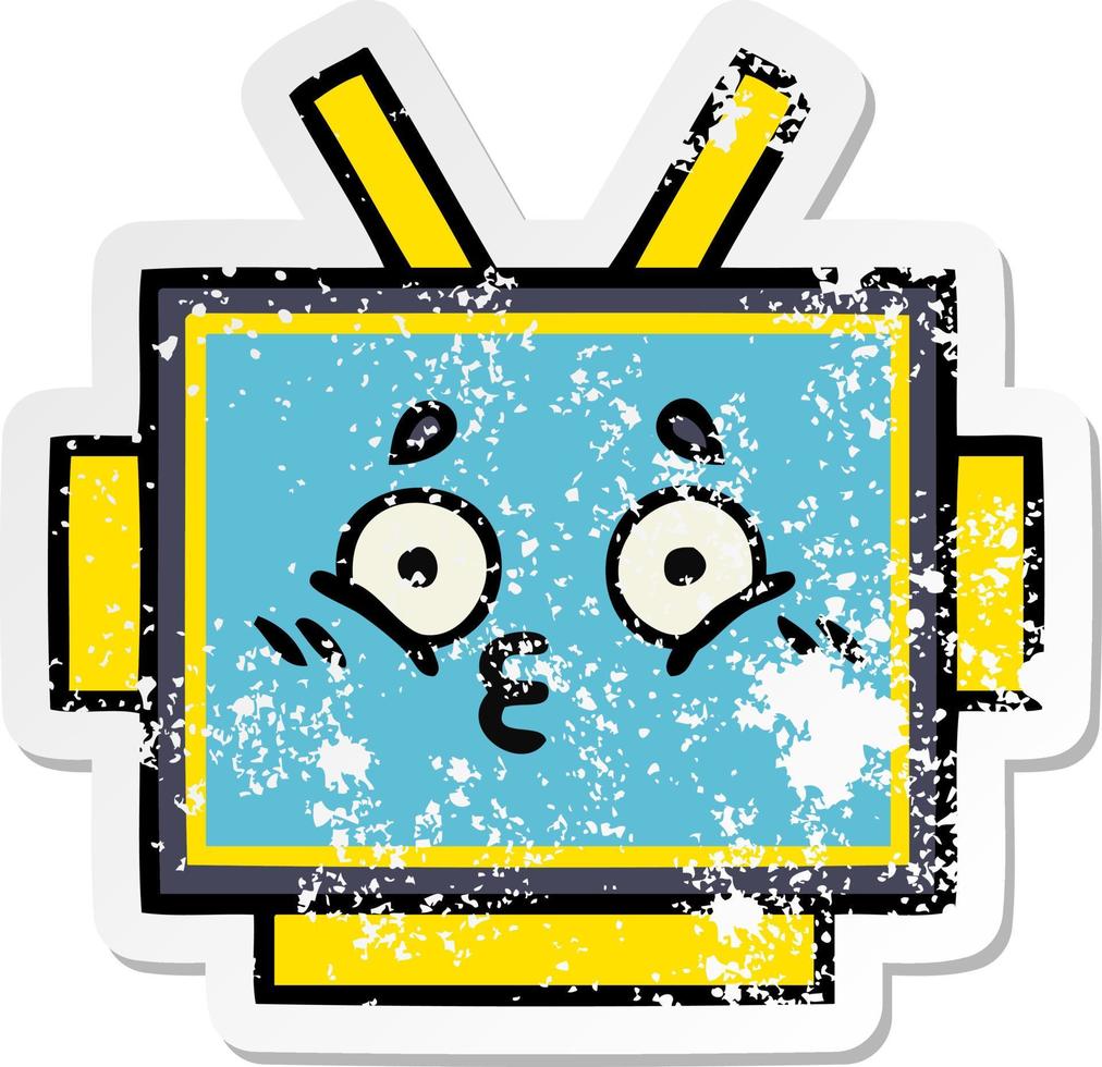 distressed sticker of a cute cartoon robot head vector
