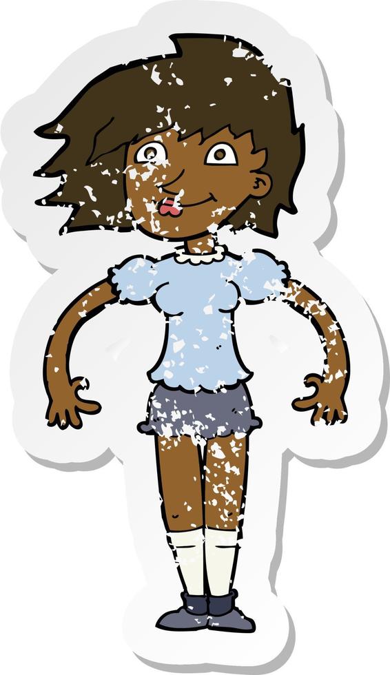 retro distressed sticker of a cartoon happy woman vector