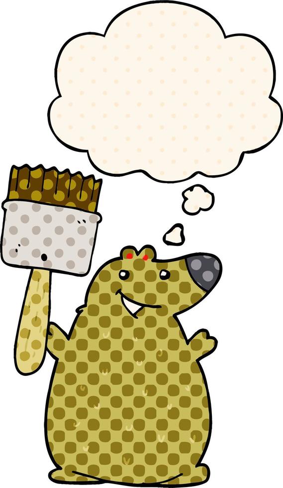 cartoon bear with paint brush and thought bubble in comic book style vector