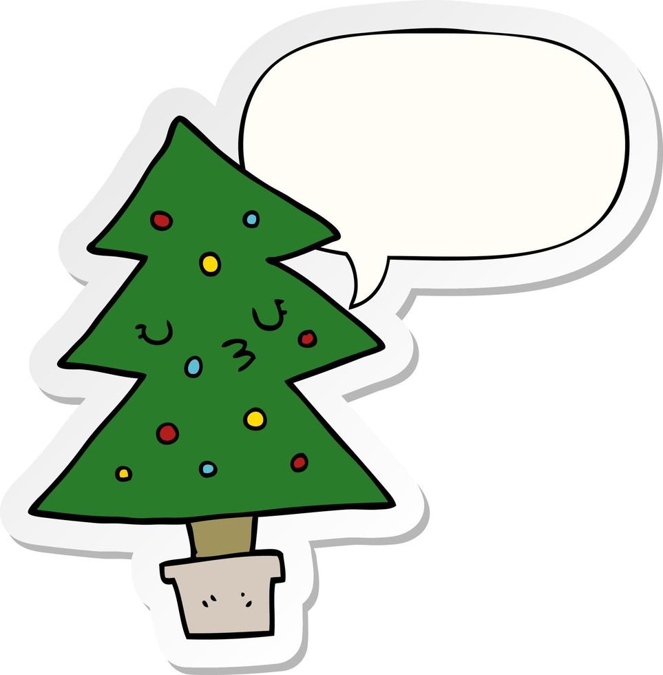 cartoon christmas tree and speech bubble sticker vector