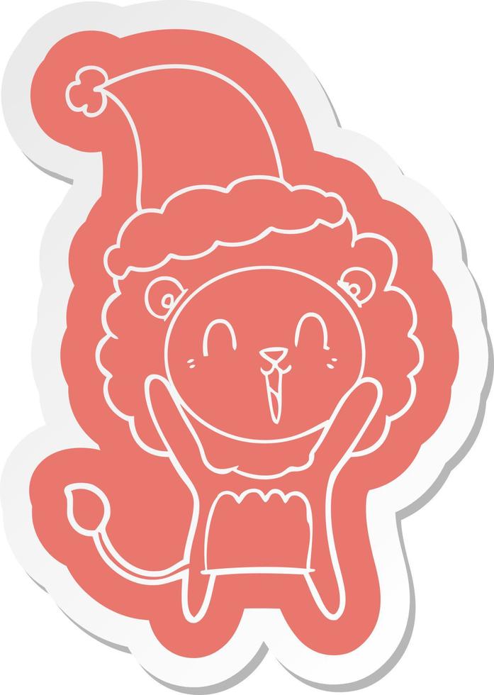 laughing lion cartoon  sticker of a wearing santa hat vector