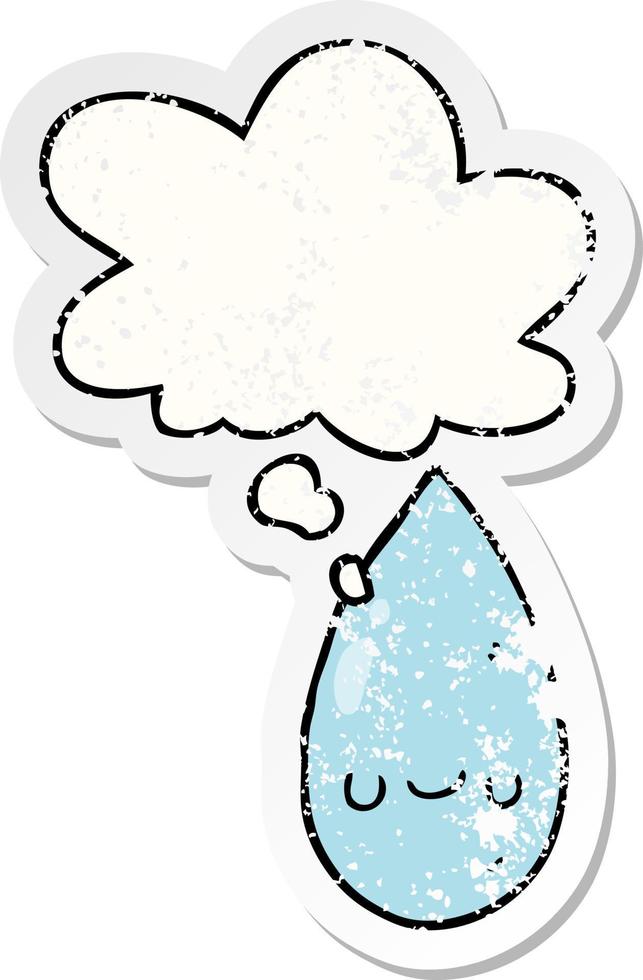 cartoon cute raindrop and thought bubble as a distressed worn sticker vector
