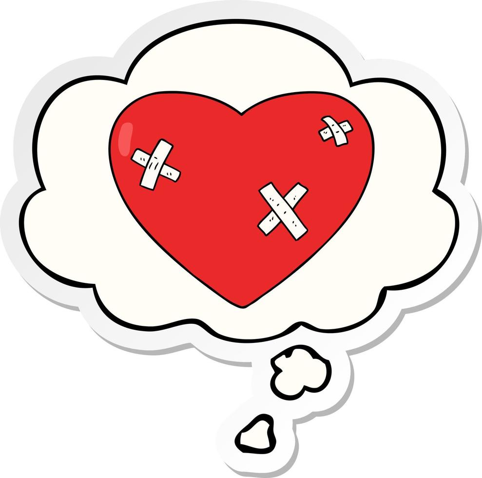 cartoon beaten up heart and thought bubble as a printed sticker vector