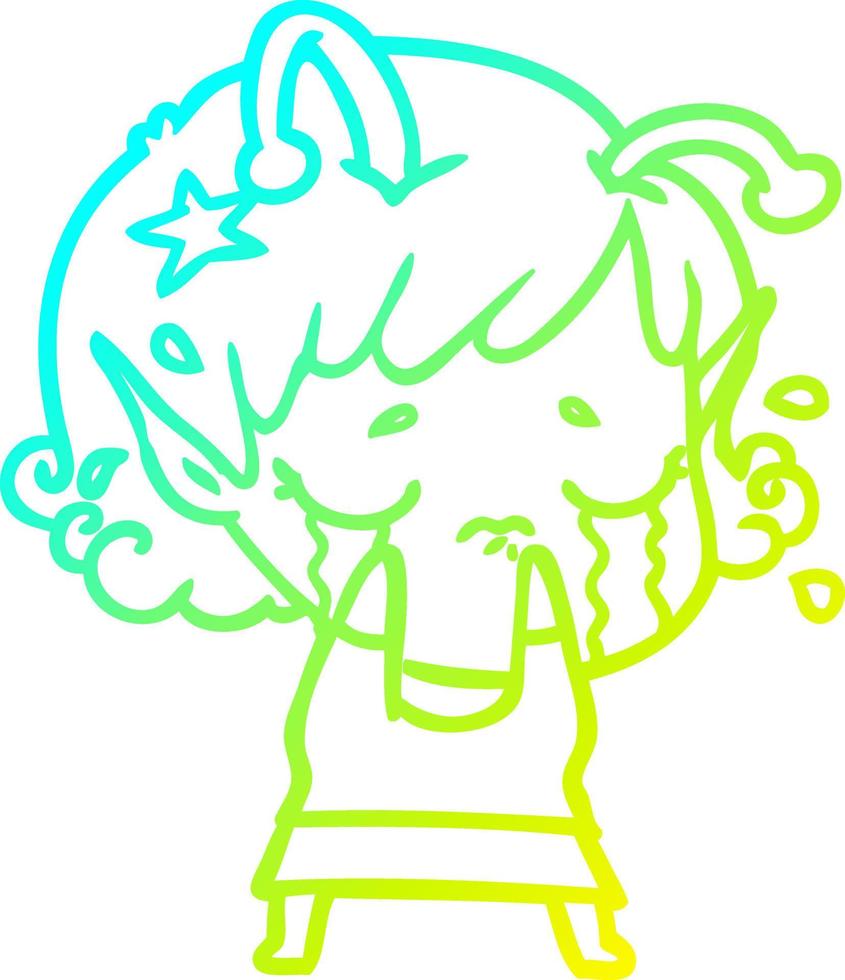 cold gradient line drawing cartoon crying alien girl vector