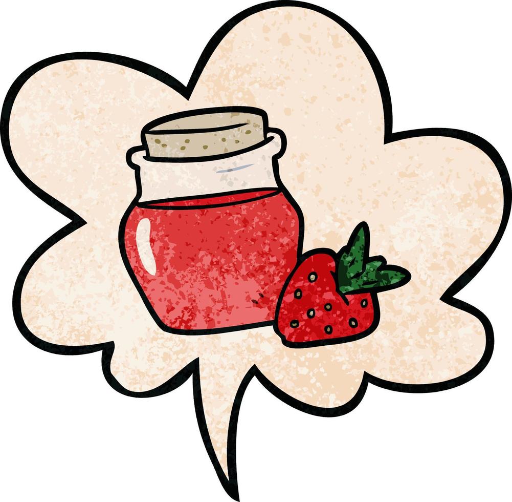 cartoon jar of strawberry jam and speech bubble in retro texture style vector