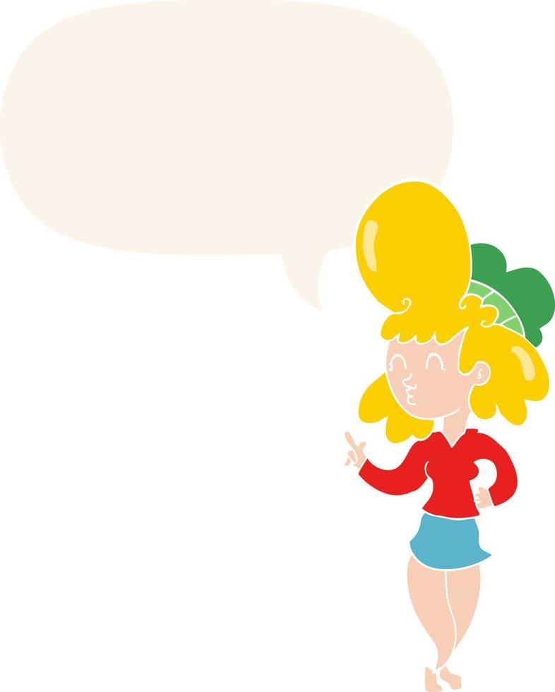 cartoon woman and big hair and speech bubble in retro style vector