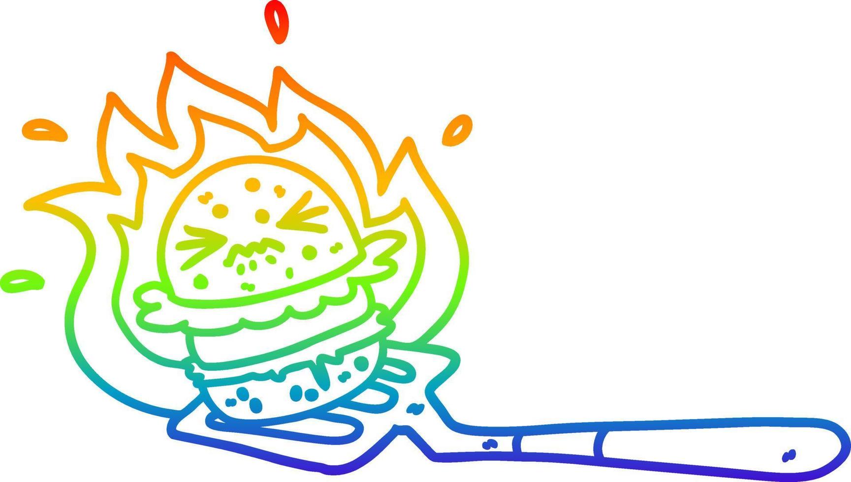 rainbow gradient line drawing cartoon burger on spatula vector