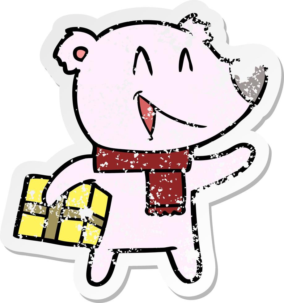 distressed sticker of a laughing christmas bear cartoon vector