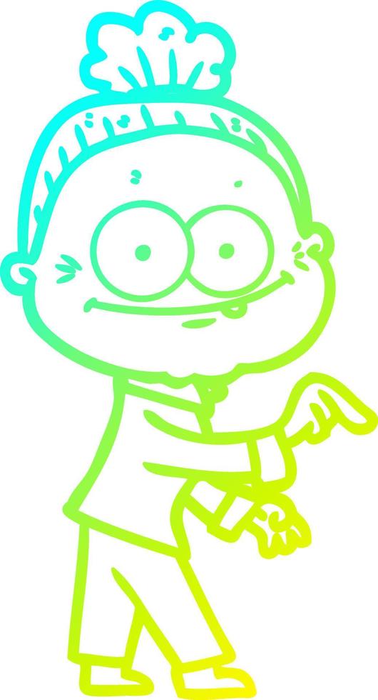 cold gradient line drawing cartoon happy old woman vector