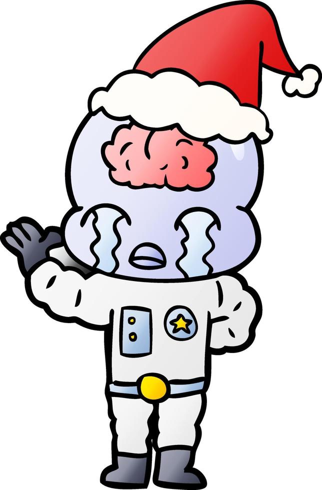 gradient cartoon of a big brain alien crying wearing santa hat vector