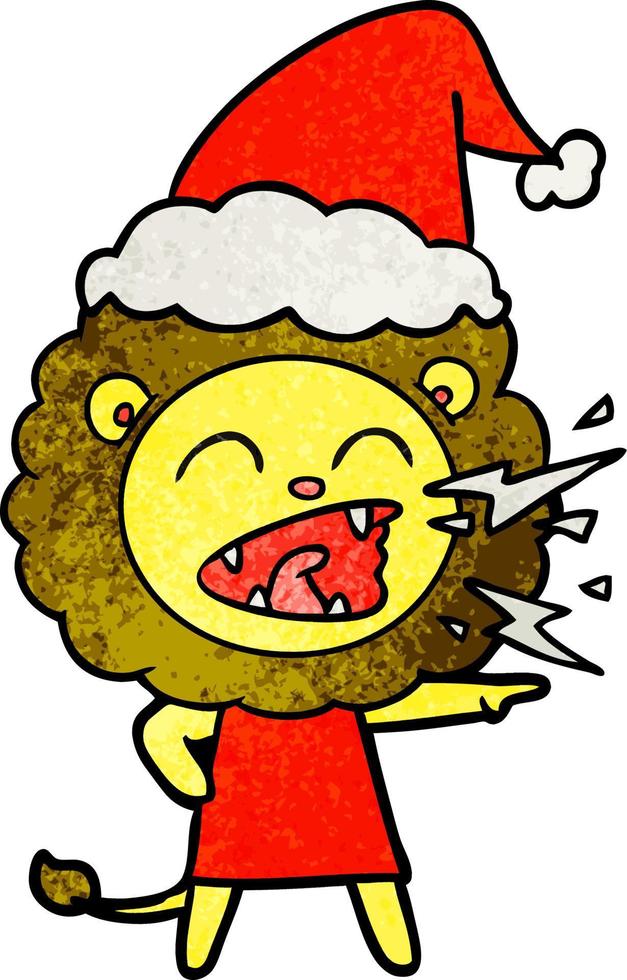 textured cartoon of a roaring lion girl wearing santa hat vector