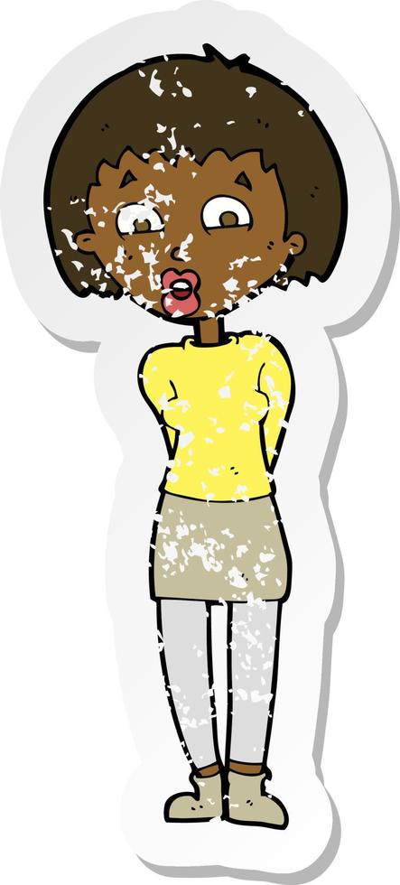 retro distressed sticker of a cartoon surprised woman vector