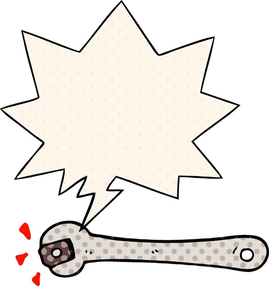 cartoon spanner turning nut and speech bubble in comic book style vector