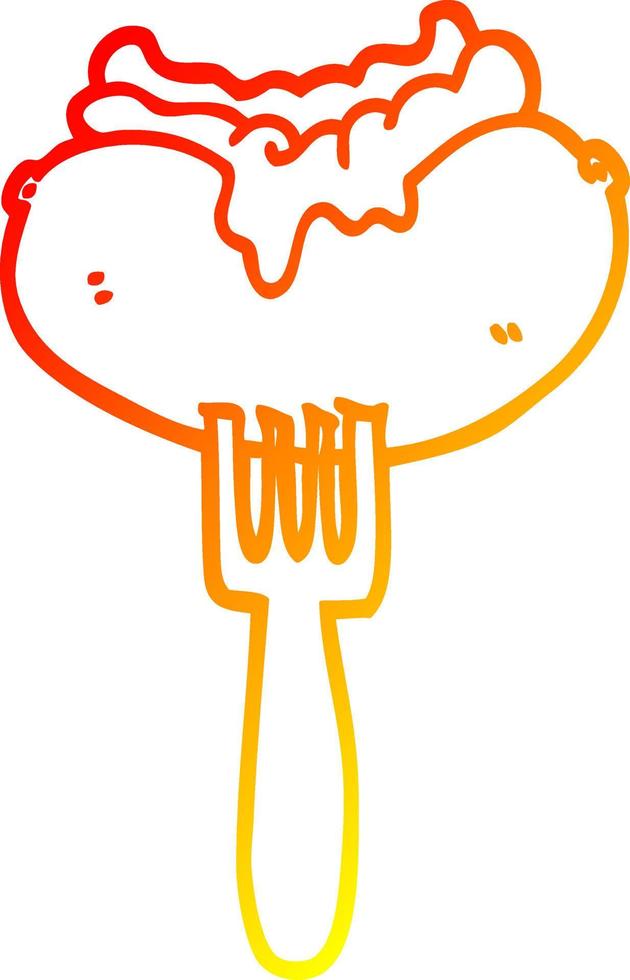 warm gradient line drawing cartoon hotdog with mustard and ketchup on fork vector