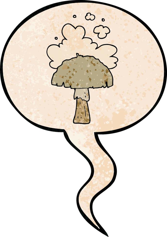 cartoon mushroom and spore cloud and speech bubble in retro texture style vector