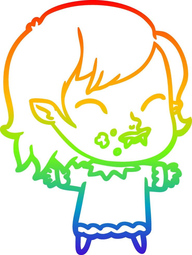 rainbow gradient line drawing cartoon vampire girl with blood on cheek vector