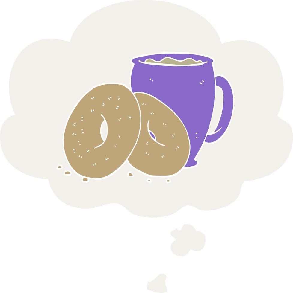 café de dibujos animados y donuts y burbujas de pensamiento en estilo retro vector