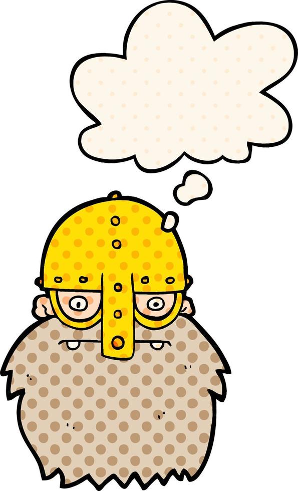 cartoon viking face and thought bubble in comic book style vector