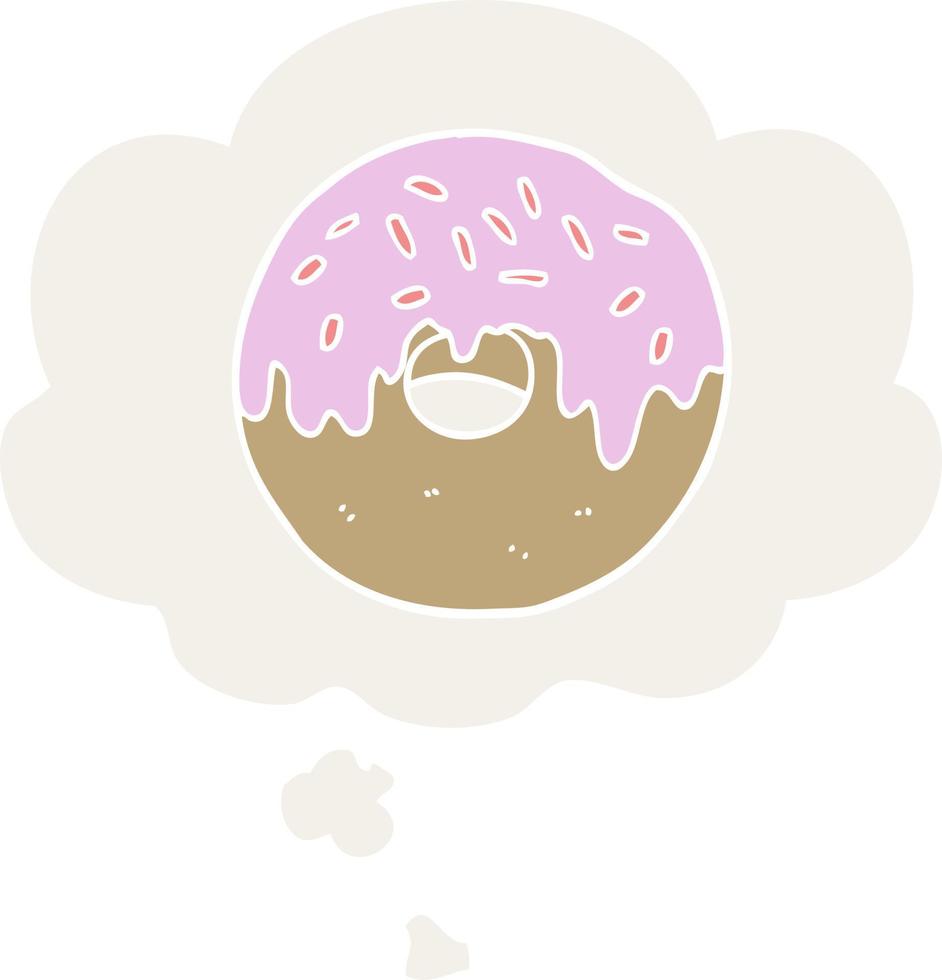 donut de dibujos animados y burbuja de pensamiento en estilo retro vector