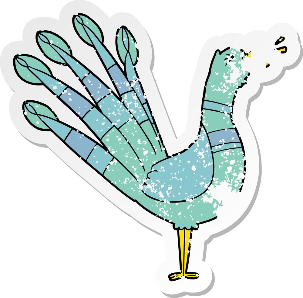 distressed sticker of a cartoon crowing peacock vector