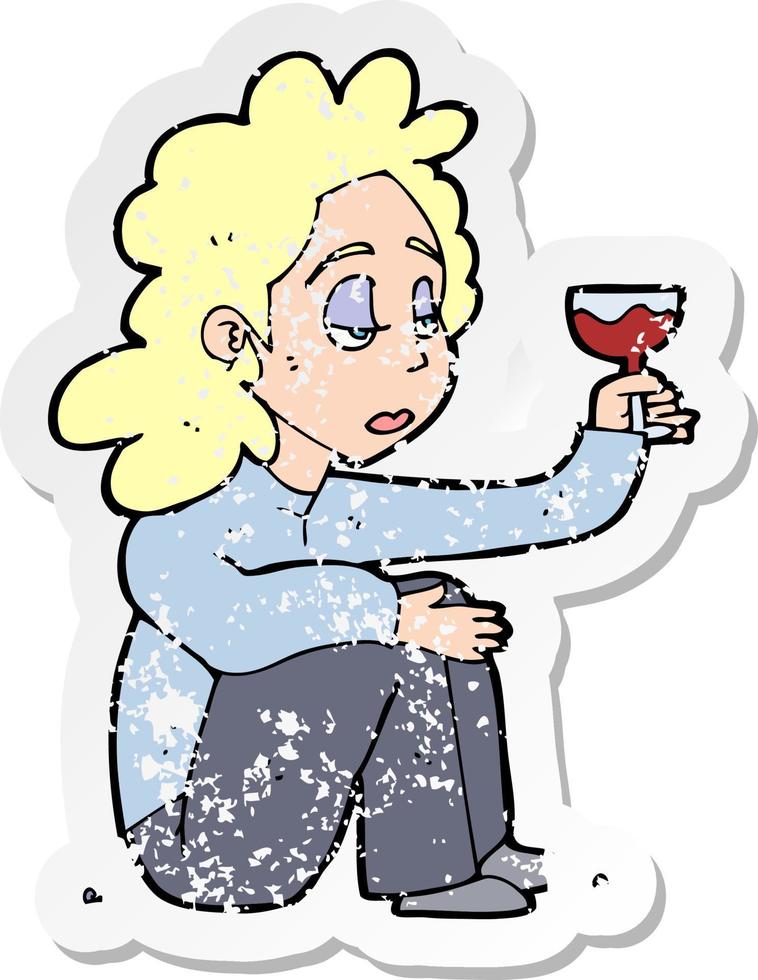 retro distressed sticker of a cartoon unhappy woman with glass of wine vector