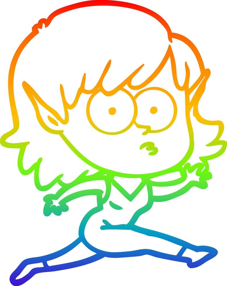 rainbow gradient line drawing cartoon elf girl running vector