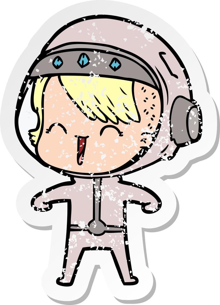 distressed sticker of a happy cartoon space girl vector