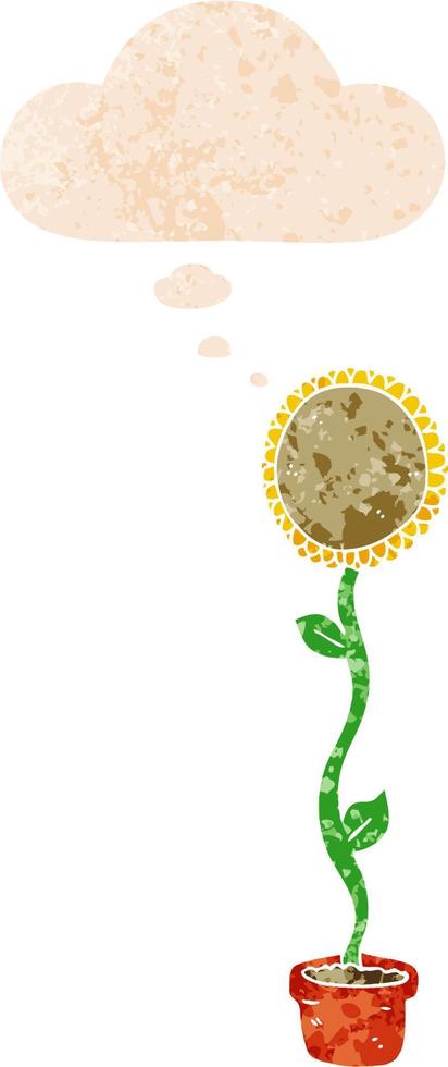 cartoon sunflower and thought bubble in retro textured style vector