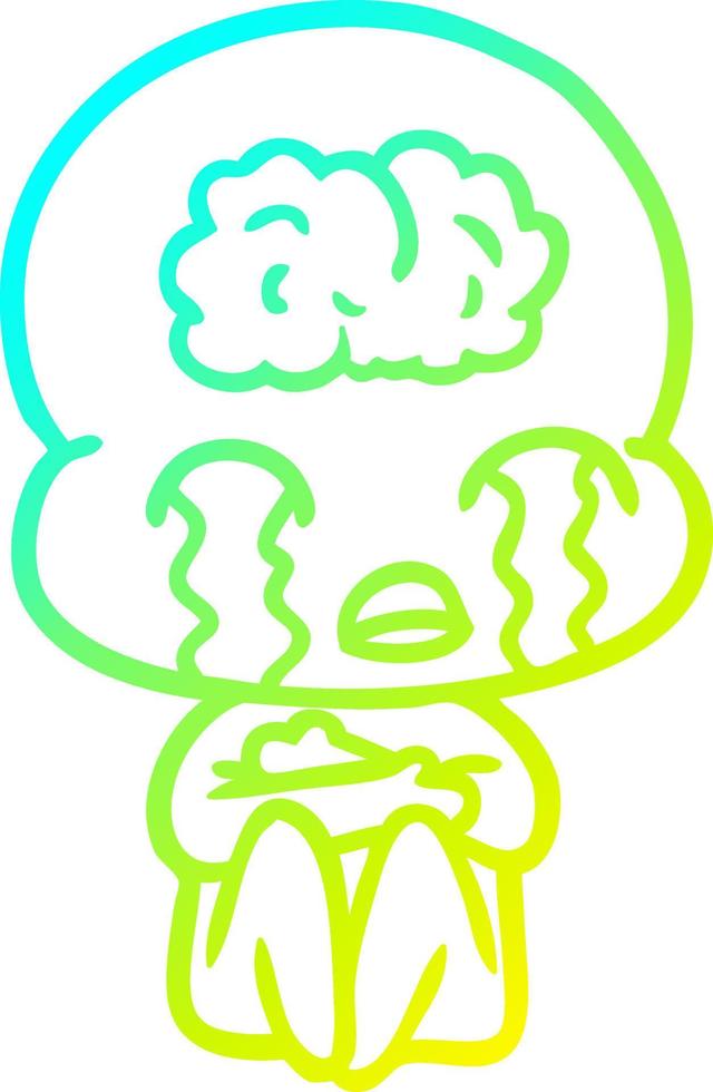 cold gradient line drawing cartoon big brain alien crying vector