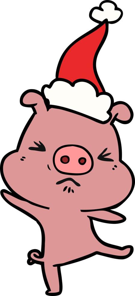line drawing of a furious pig wearing santa hat vector