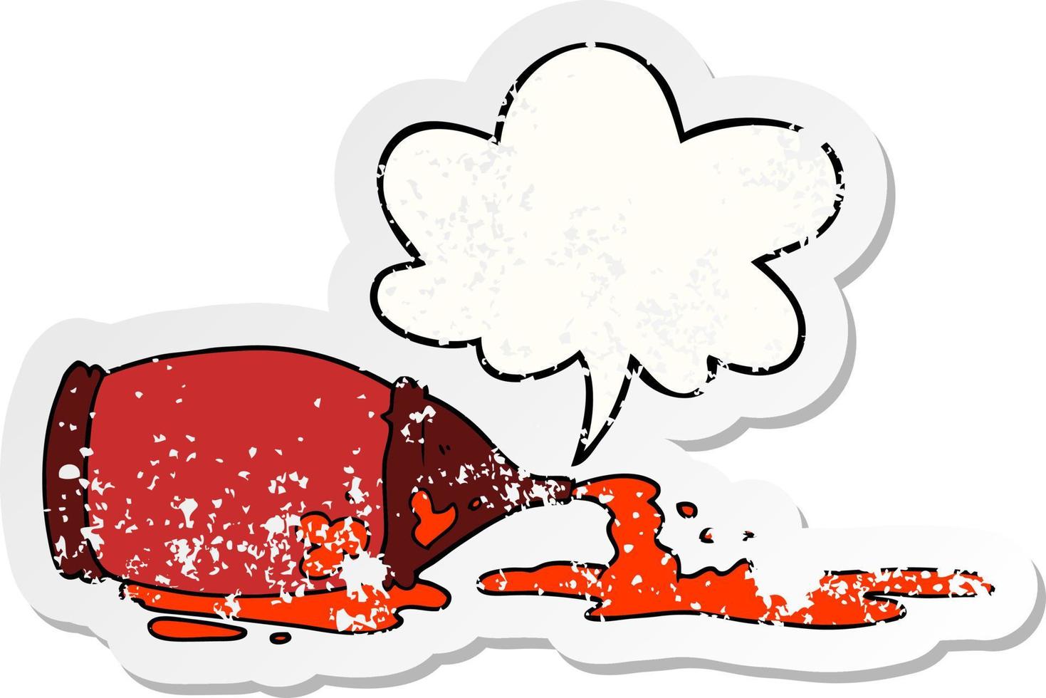 cartoon spilled ketchup bottle and speech bubble distressed sticker vector