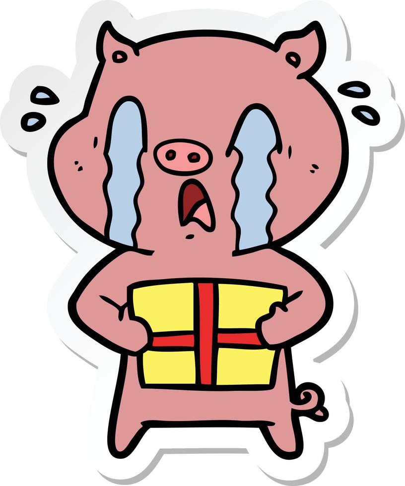 sticker of a crying pig cartoon delivering christmas present vector