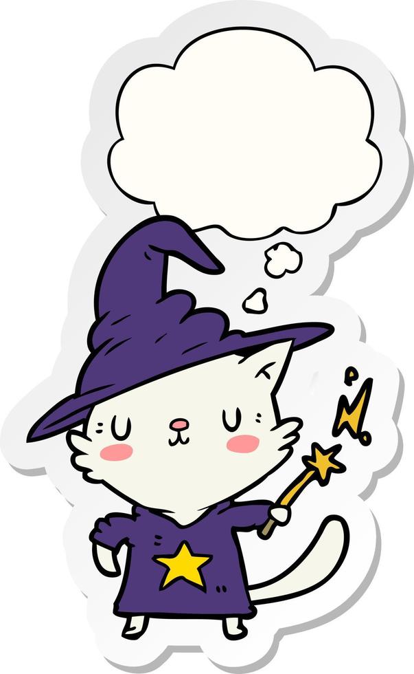 cartoon cat wizard and thought bubble as a printed sticker vector