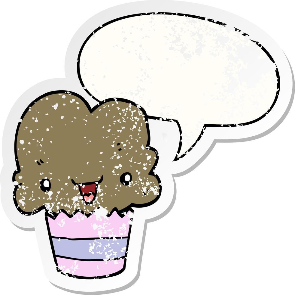 cartoon cupcake and face and speech bubble distressed sticker vector