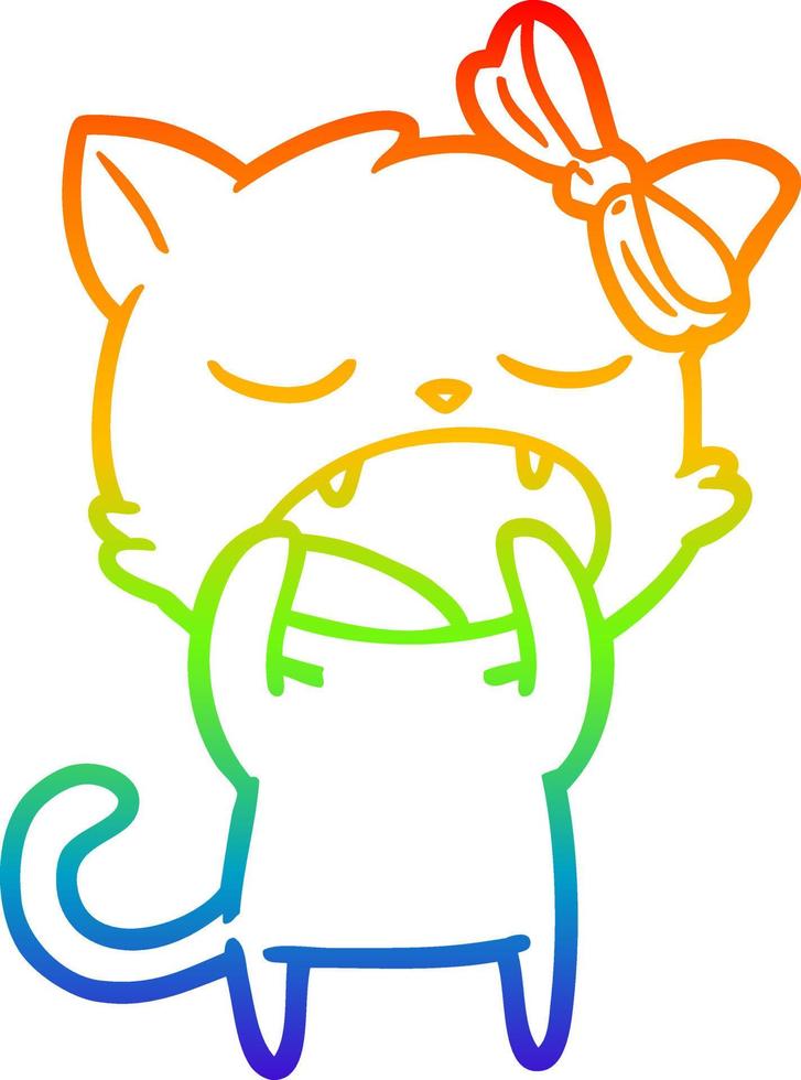 rainbow gradient line drawing cartoon yawning cat vector