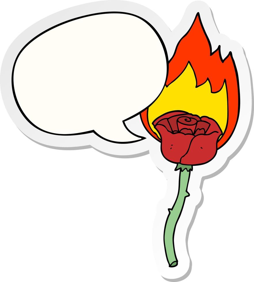 cartoon flaming rose and speech bubble sticker vector