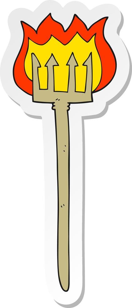 sticker of a cartoon flaming devil fork vector