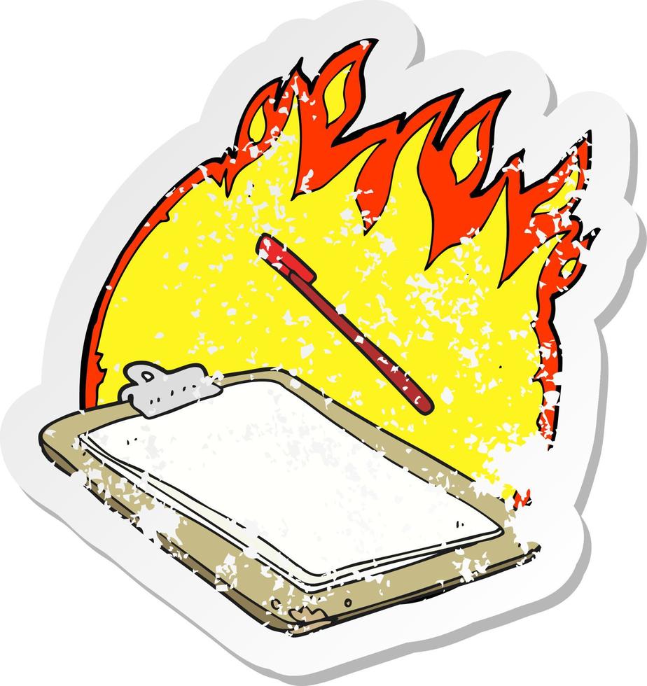 retro distressed sticker of a cartoon clip board on fire vector