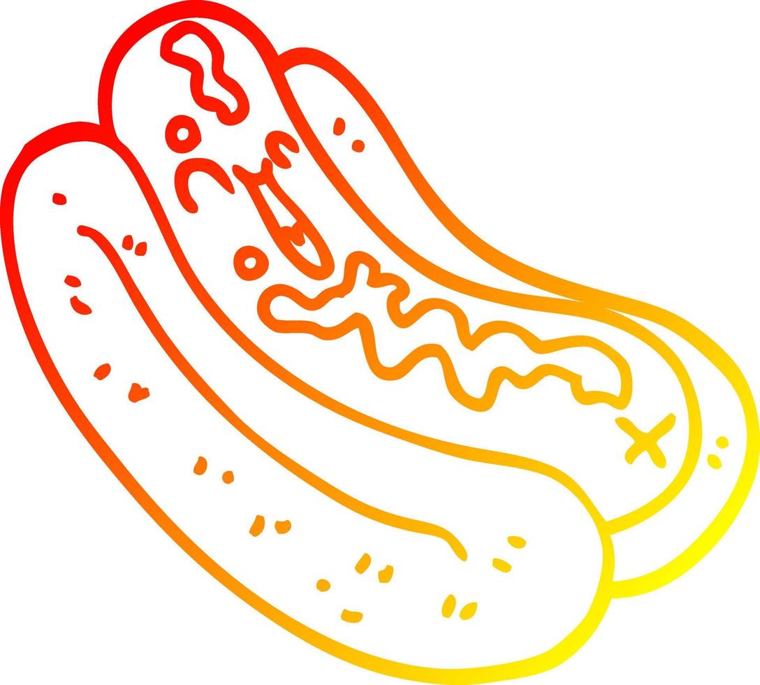 warm gradient line drawing cartoon hotdog in bun with ketchup vector