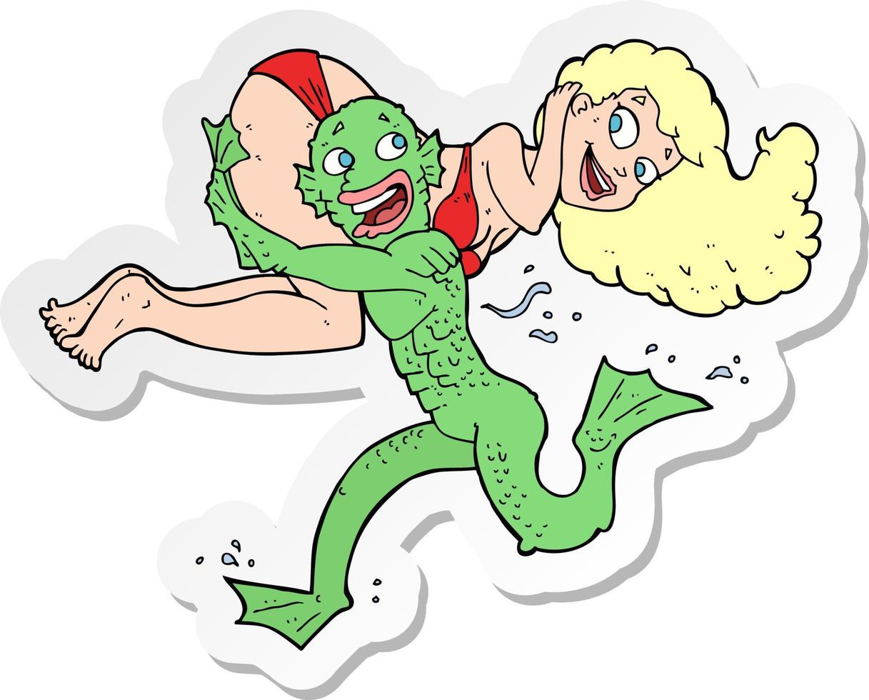 sticker of a cartoon swamp monster carrying girl in bikini vector